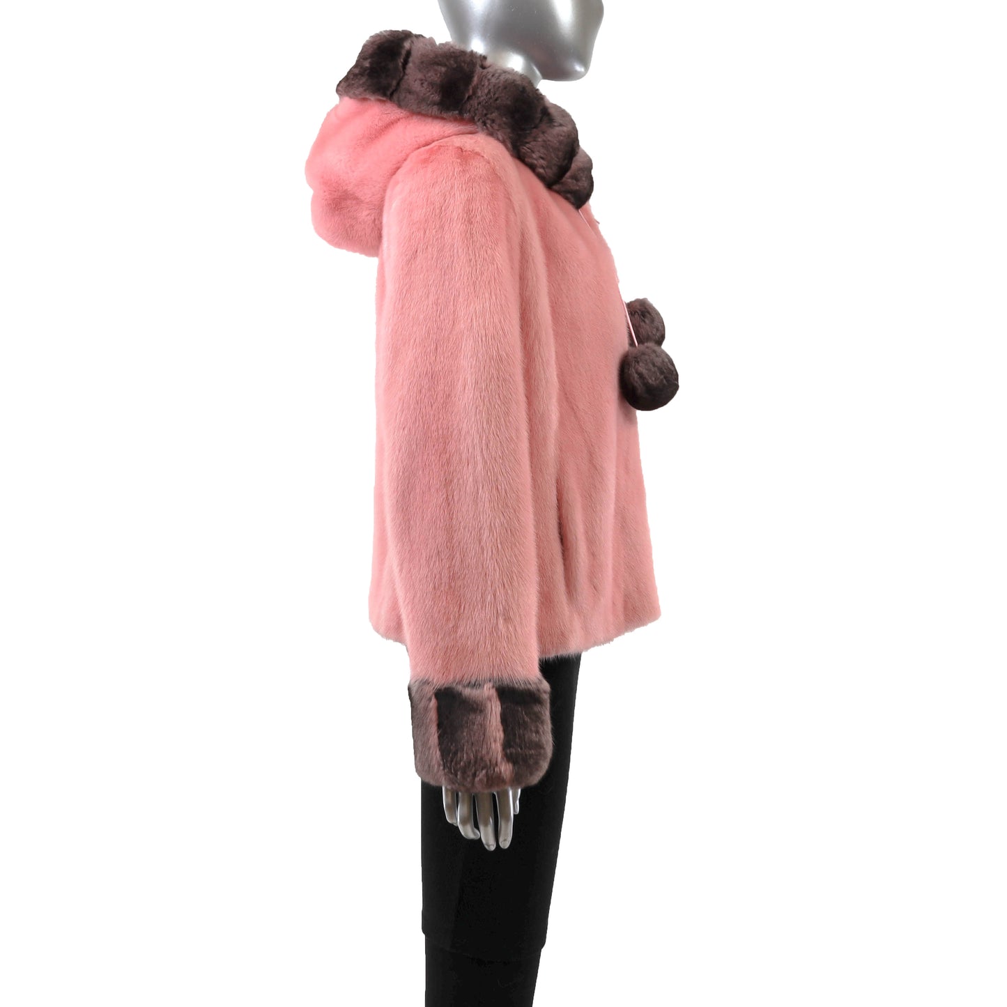 Pink Hooded Mink Jacket with Chinchilla Trim- Size S