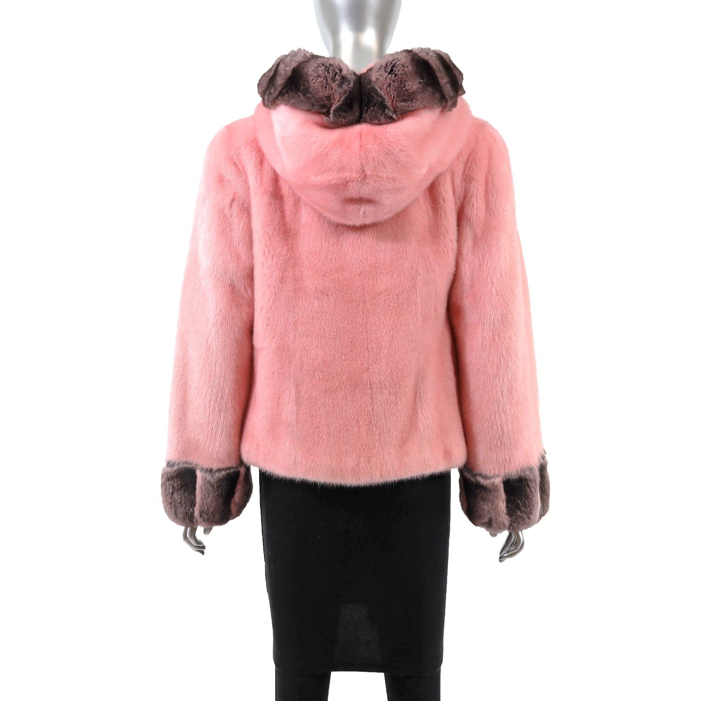 Pink Hooded Mink Jacket with Chinchilla Trim- Size S
