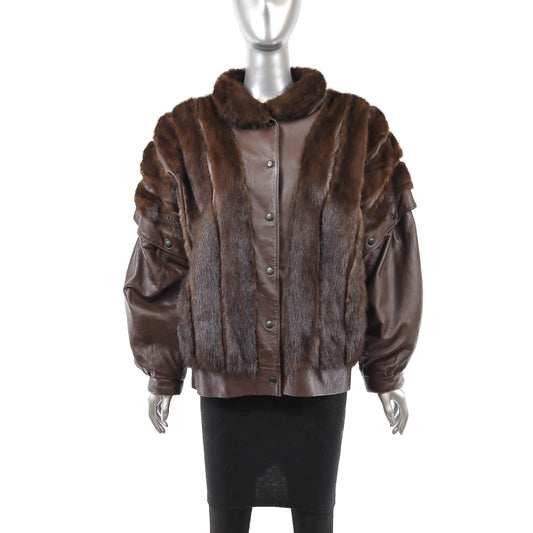 Brown Mink and Leather Jacket with Detachable Sleeves- Size M