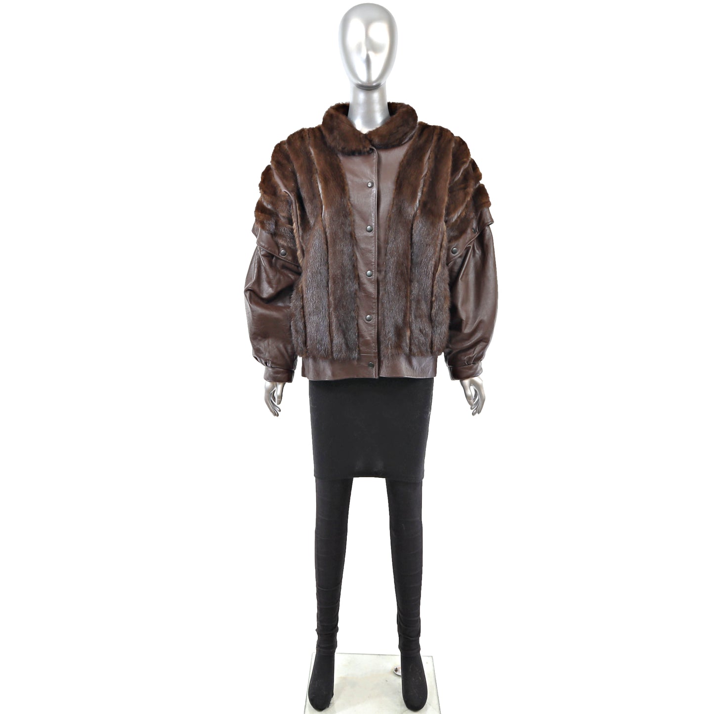 Brown Mink and Leather Jacket with Detachable Sleeves- Size M