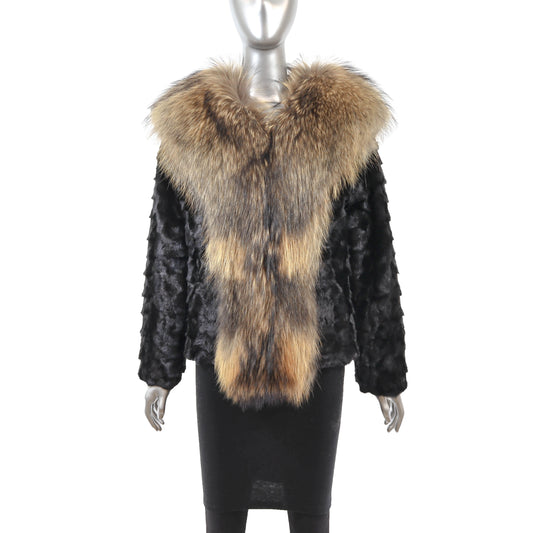 Black Section Mink Jacket with Raccoon Tuxedo- Size S-M