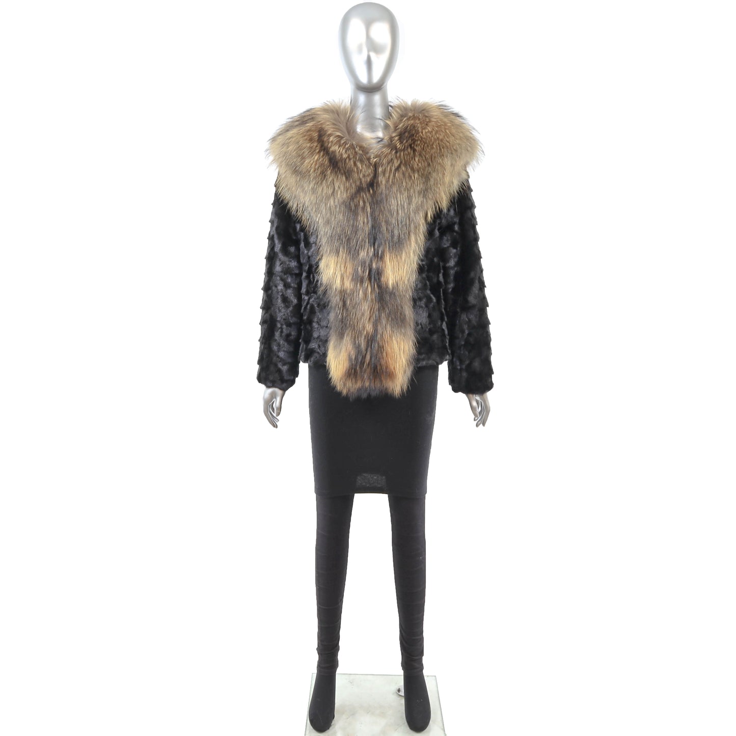 Black Section Mink Jacket with Raccoon Tuxedo- Size S-M