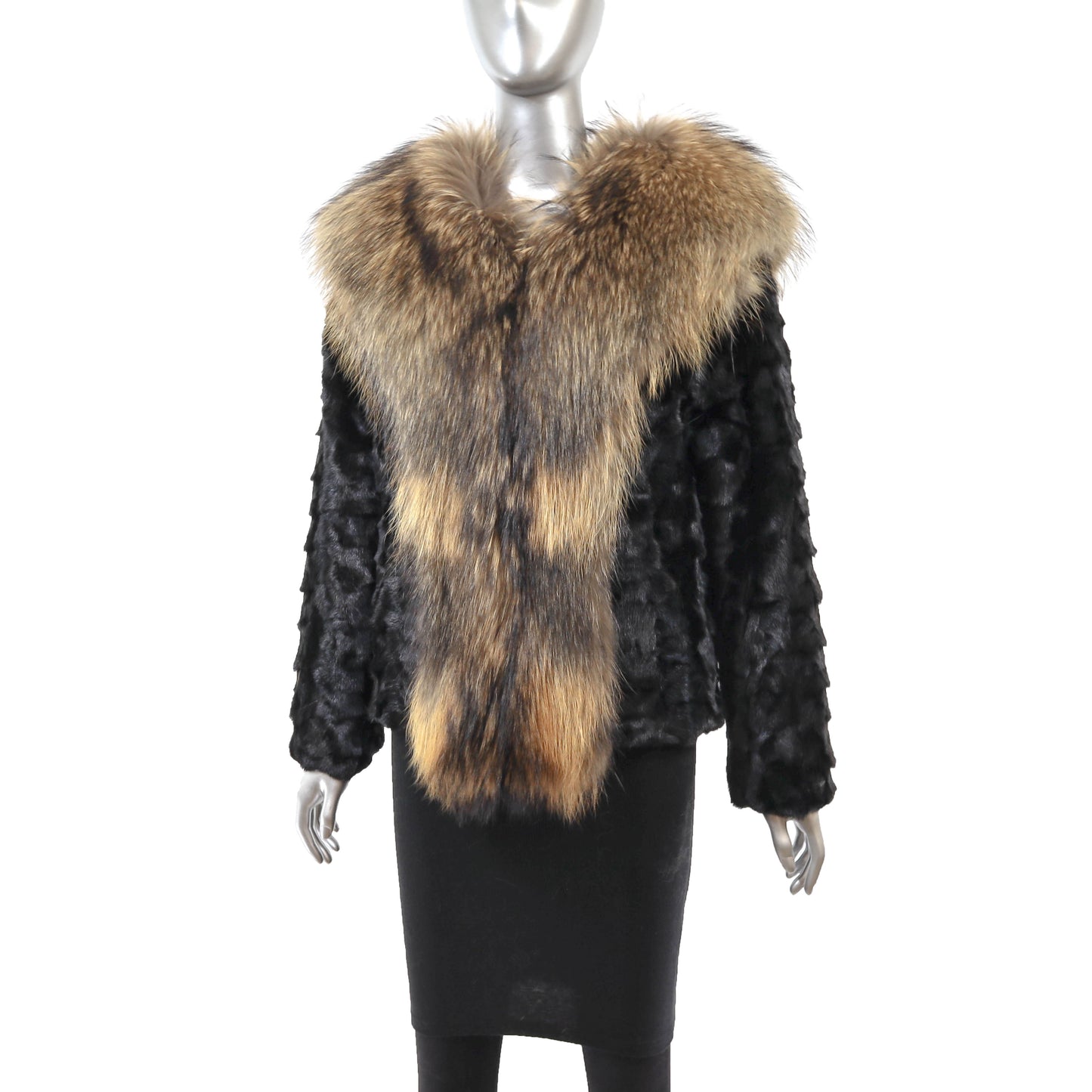 Black Section Mink Jacket with Raccoon Tuxedo- Size S-M