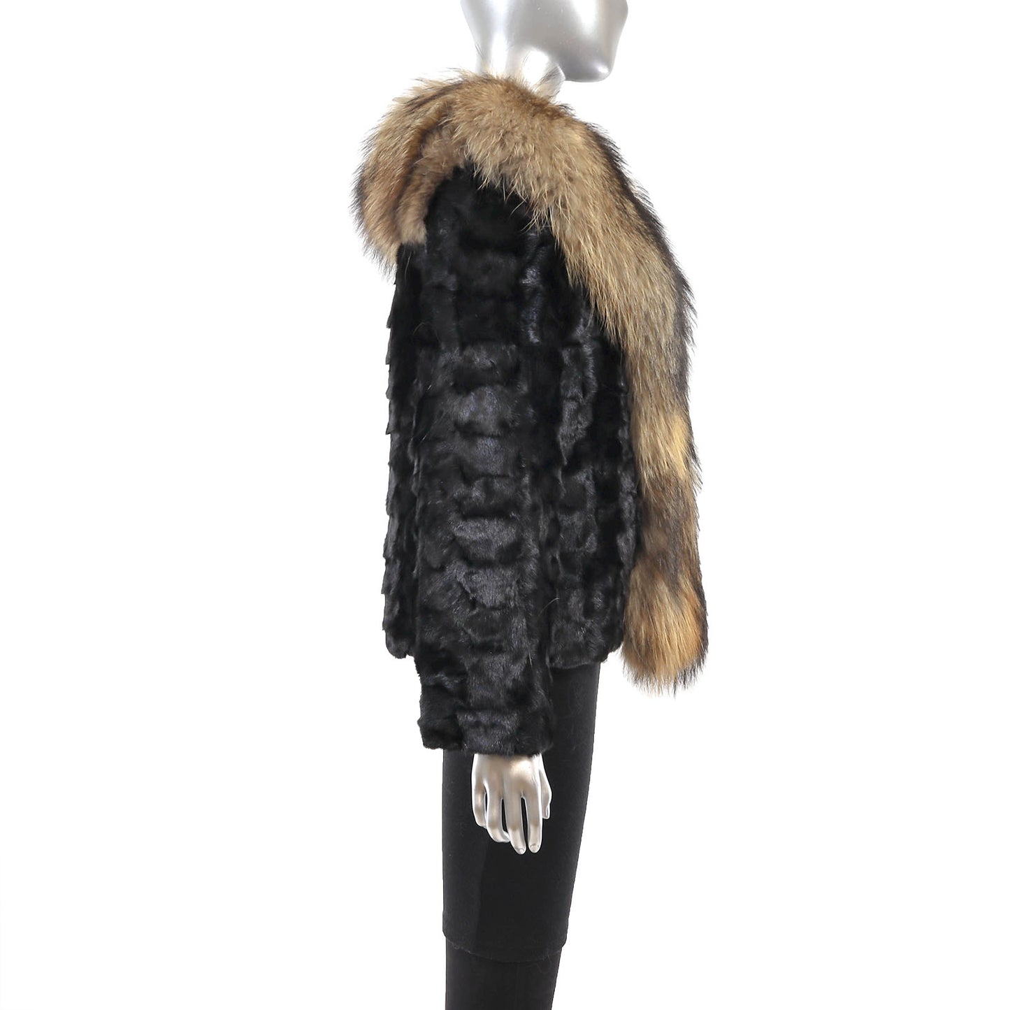Black Section Mink Jacket with Raccoon Tuxedo- Size S-M