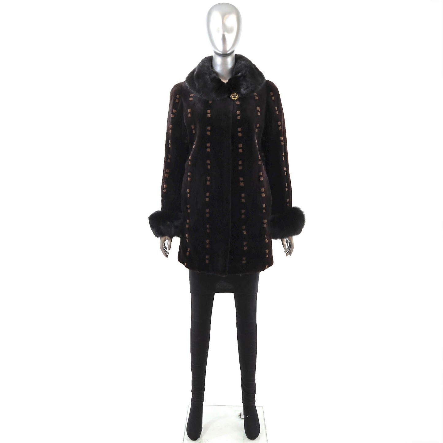 Dark Brown Sheared Mink Jacket with Fox Cuffs- Size M-L