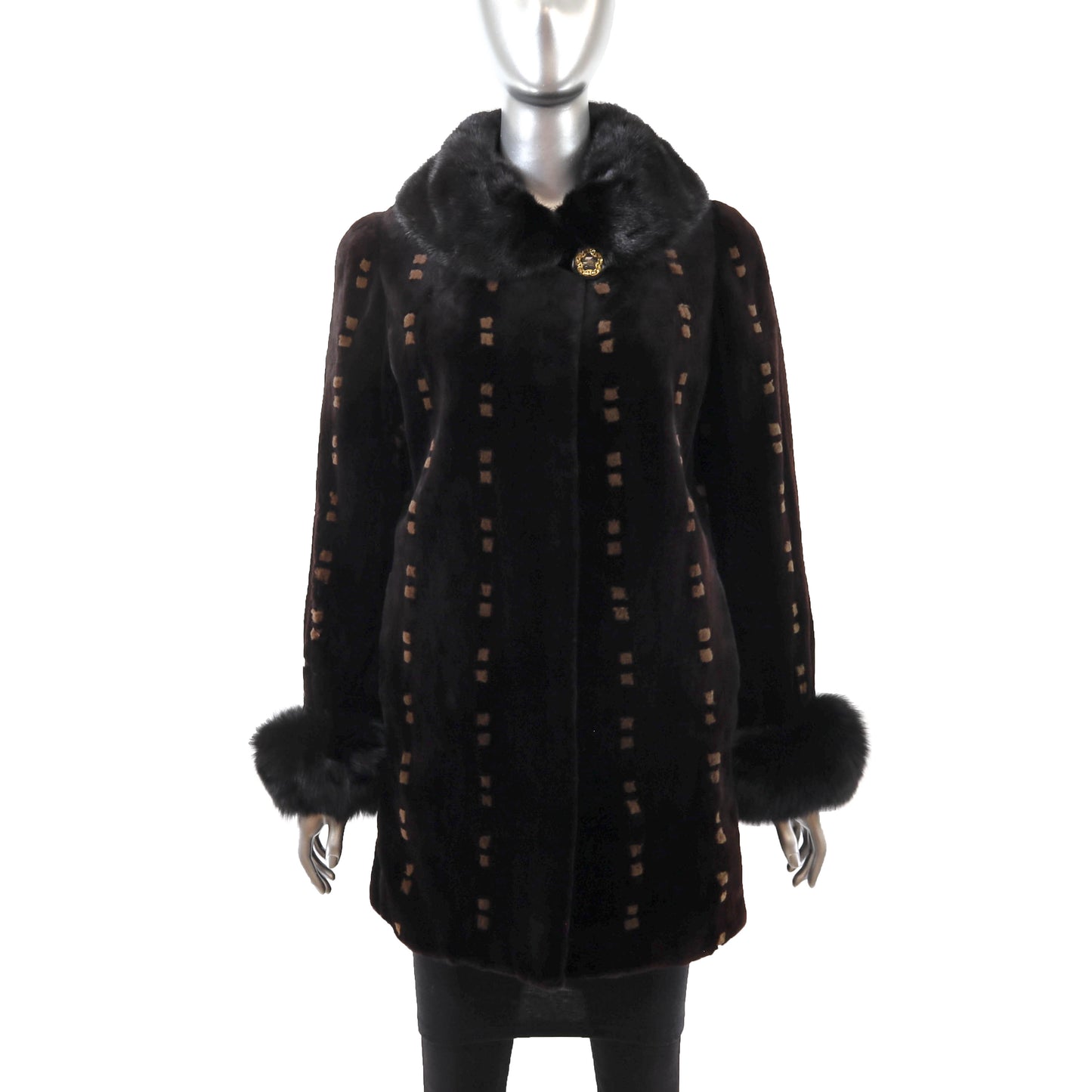 Dark Brown Sheared Mink Jacket with Fox Cuffs- Size M-L