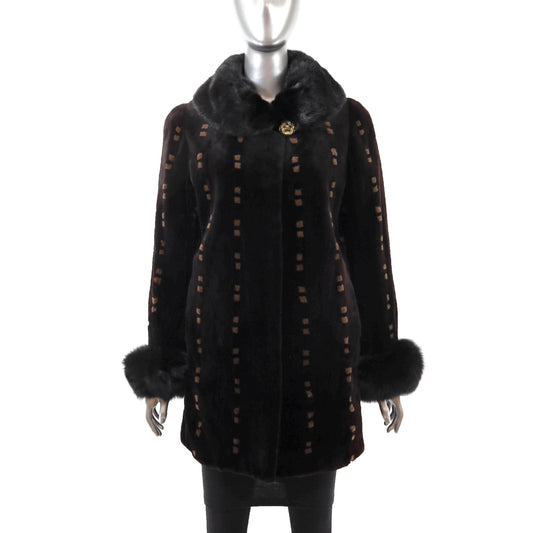 Dark Brown Sheared Mink Jacket with Fox Cuffs- Size M-L