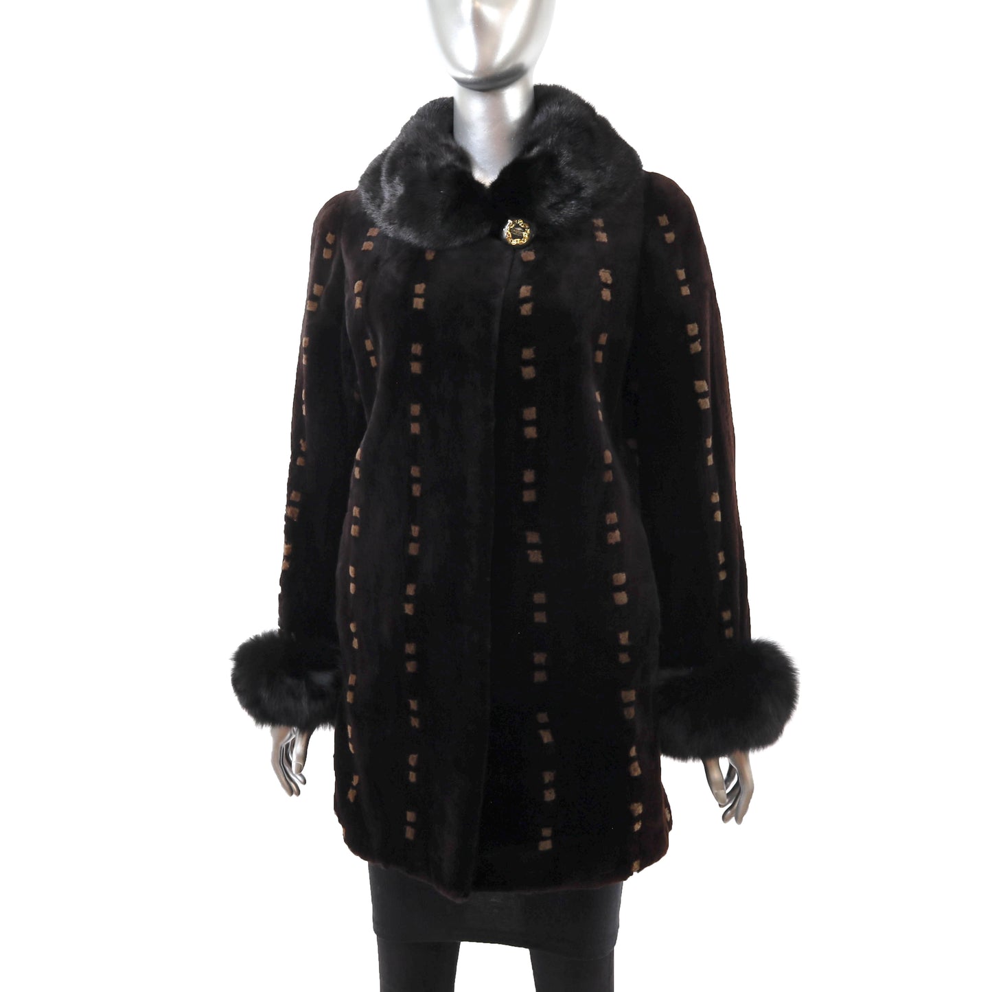 Dark Brown Sheared Mink Jacket with Fox Cuffs- Size M-L