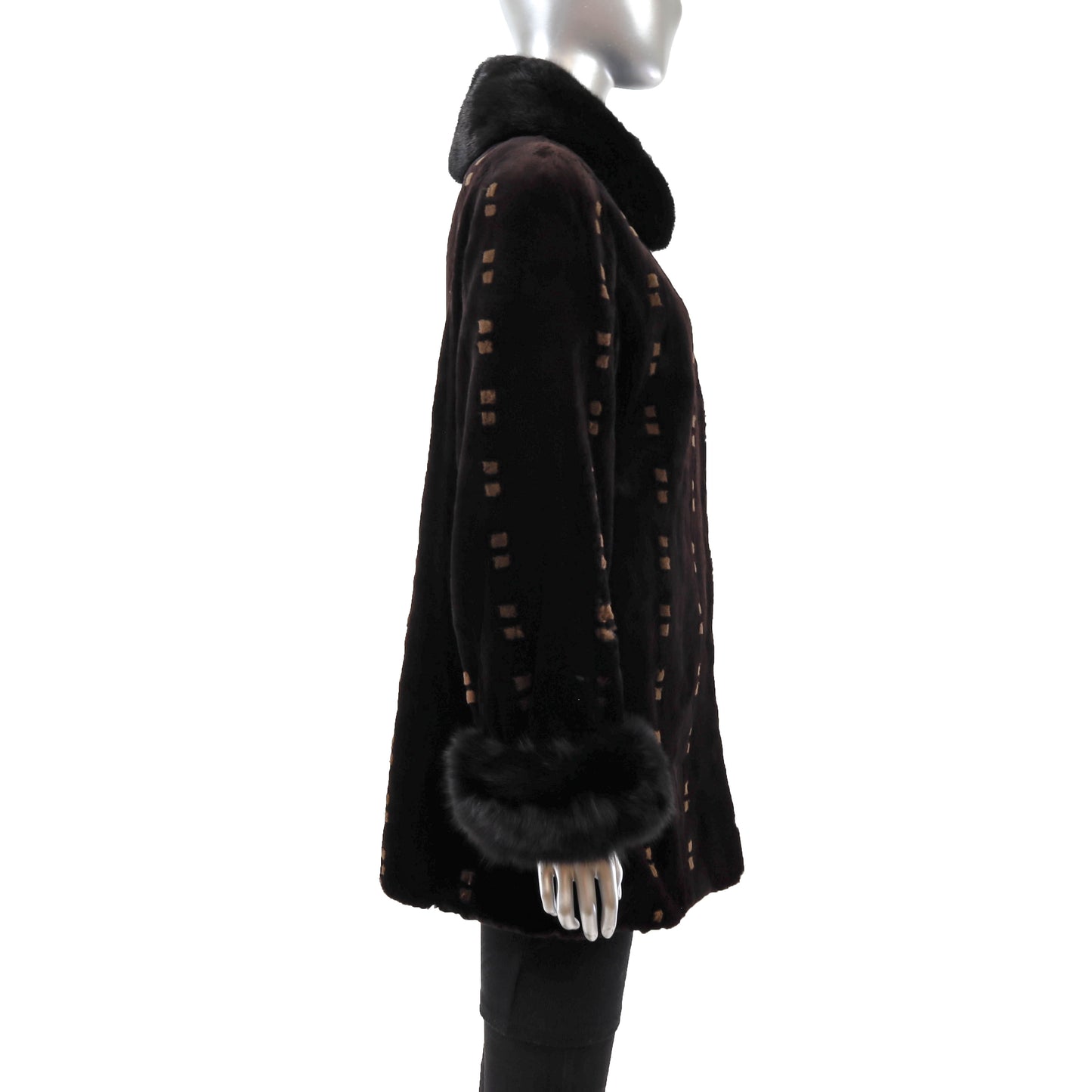 Dark Brown Sheared Mink Jacket with Fox Cuffs- Size M-L