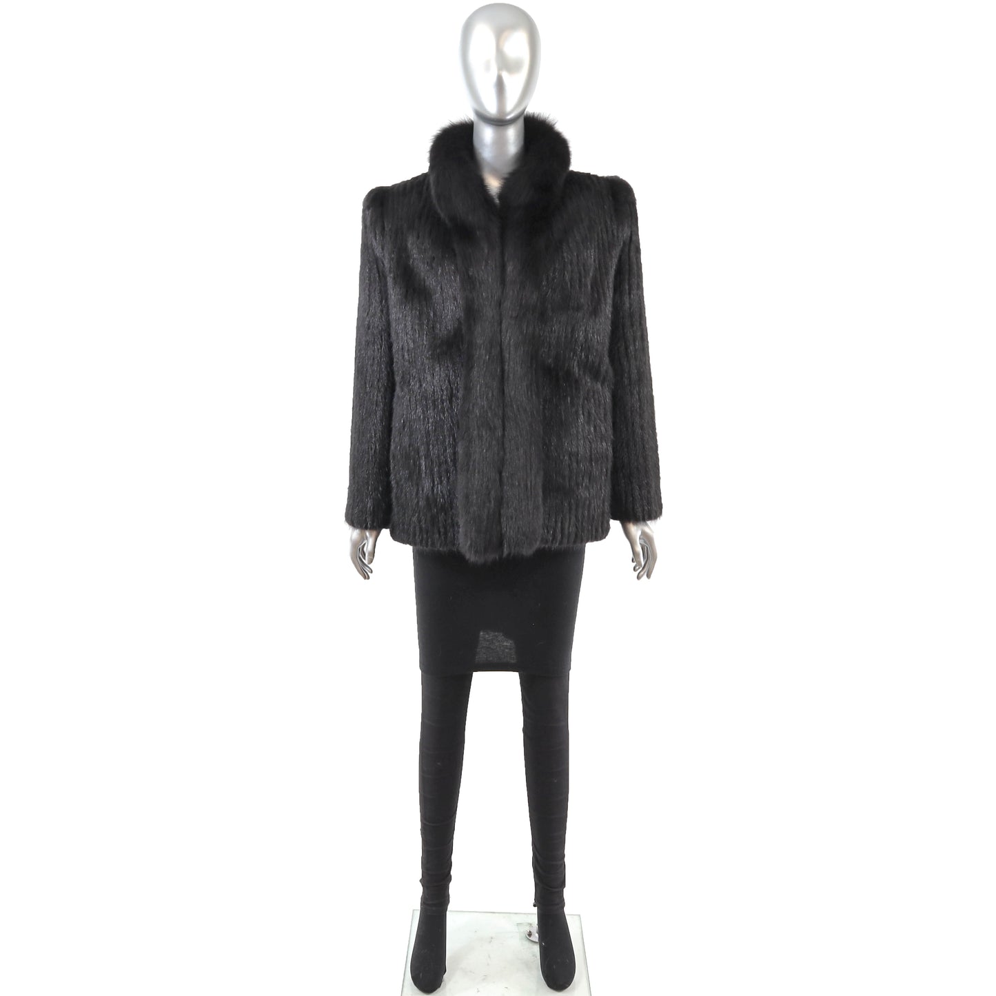 Black Corded Mink Jacket with Fox Tuxedo- Size M