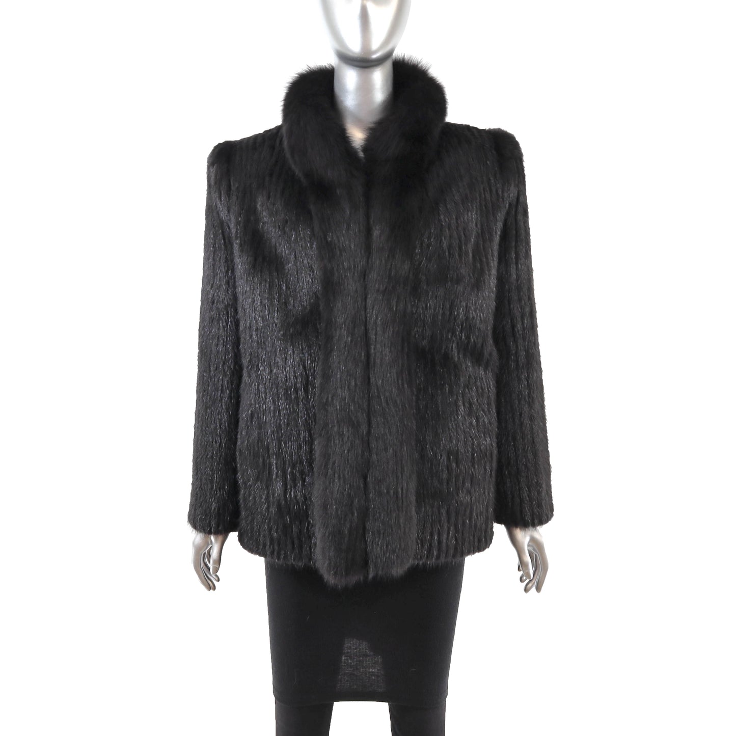 Black Corded Mink Jacket with Fox Tuxedo- Size M