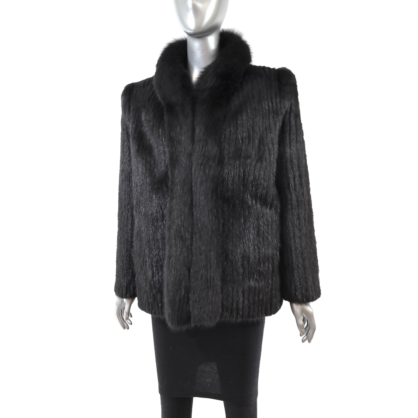 Black Corded Mink Jacket with Fox Tuxedo- Size M