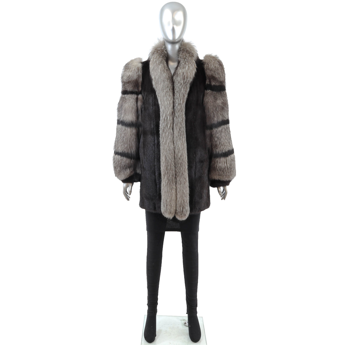 Black Mink Jacket with Fox Tuxedo and Sleeves- Size S