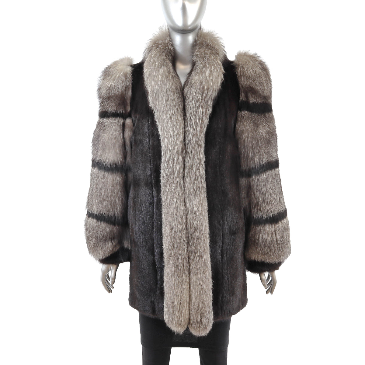 Black Mink Jacket with Fox Tuxedo and Sleeves- Size S
