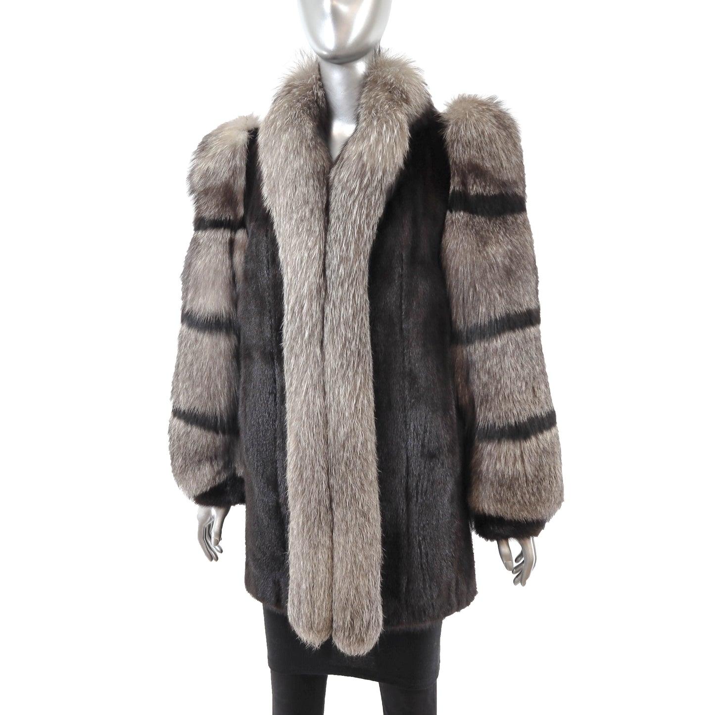 Black Mink Jacket with Fox Tuxedo and Sleeves- Size S