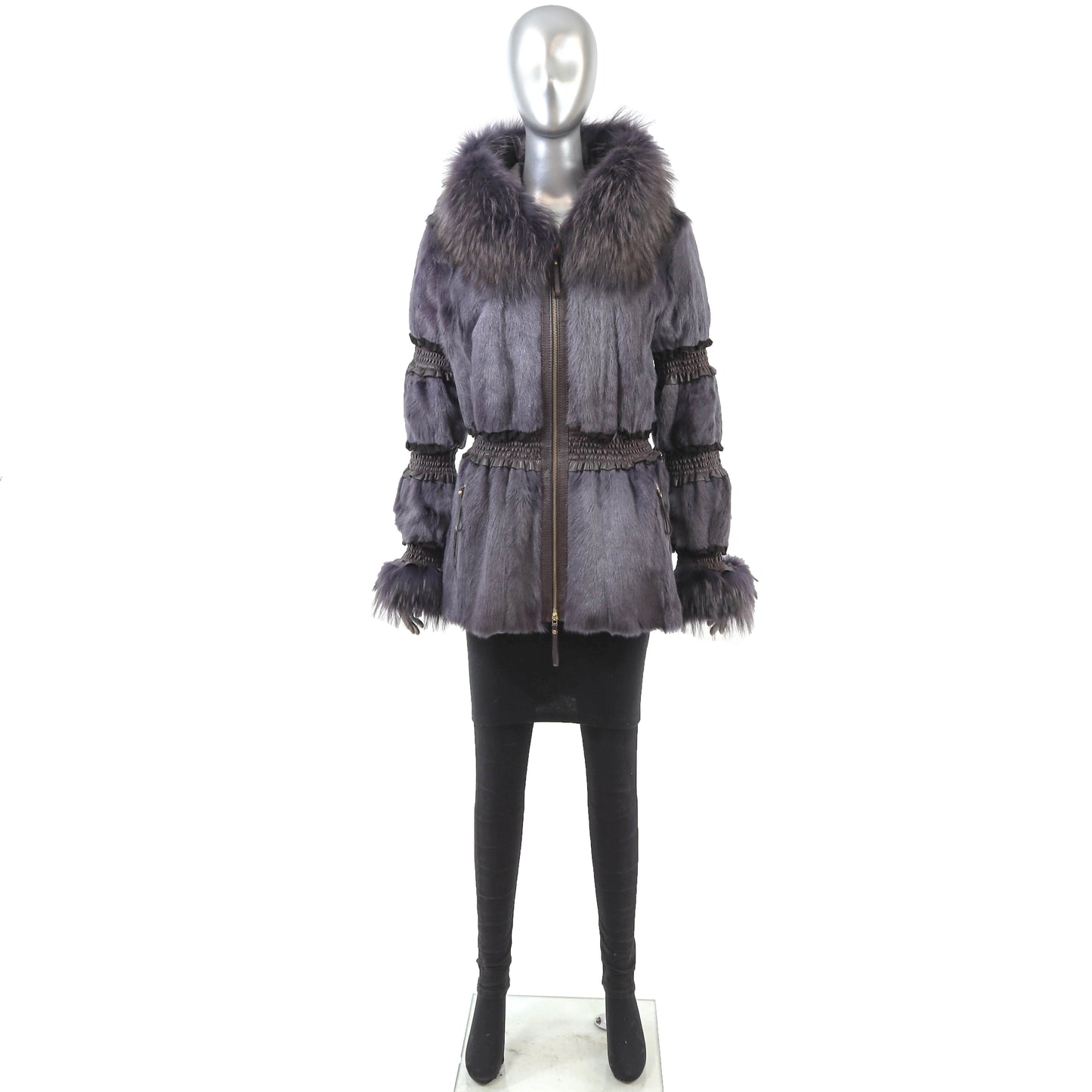 Purple Hooded Lamb Jacket with Fox Trim and Leather- Size S