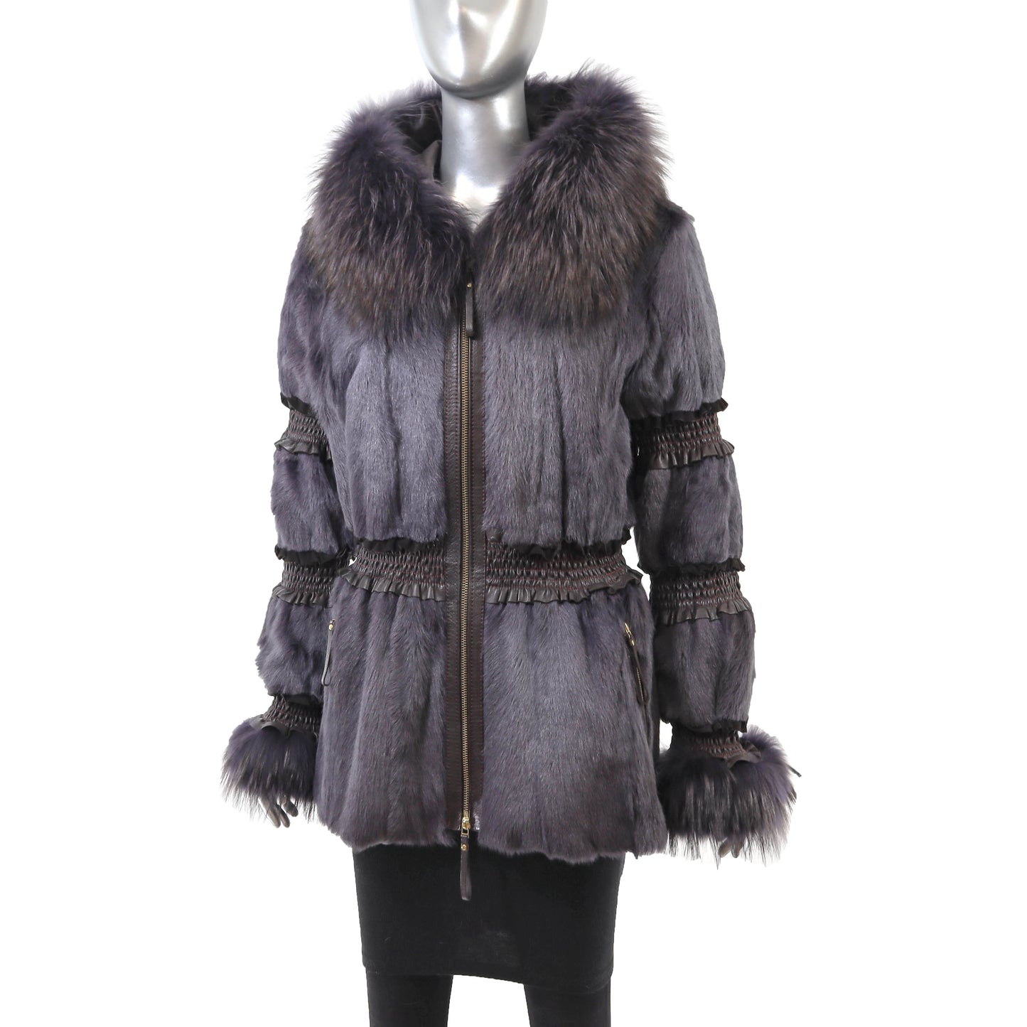 Purple Hooded Lamb Jacket with Fox Trim and Leather- Size S
