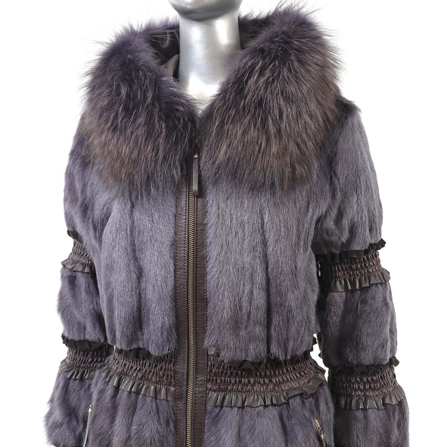 Purple Hooded Lamb Jacket with Fox Trim and Leather- Size S