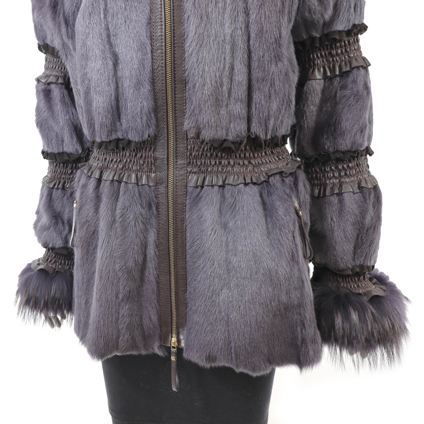 Purple Hooded Lamb Jacket with Fox Trim and Leather- Size S