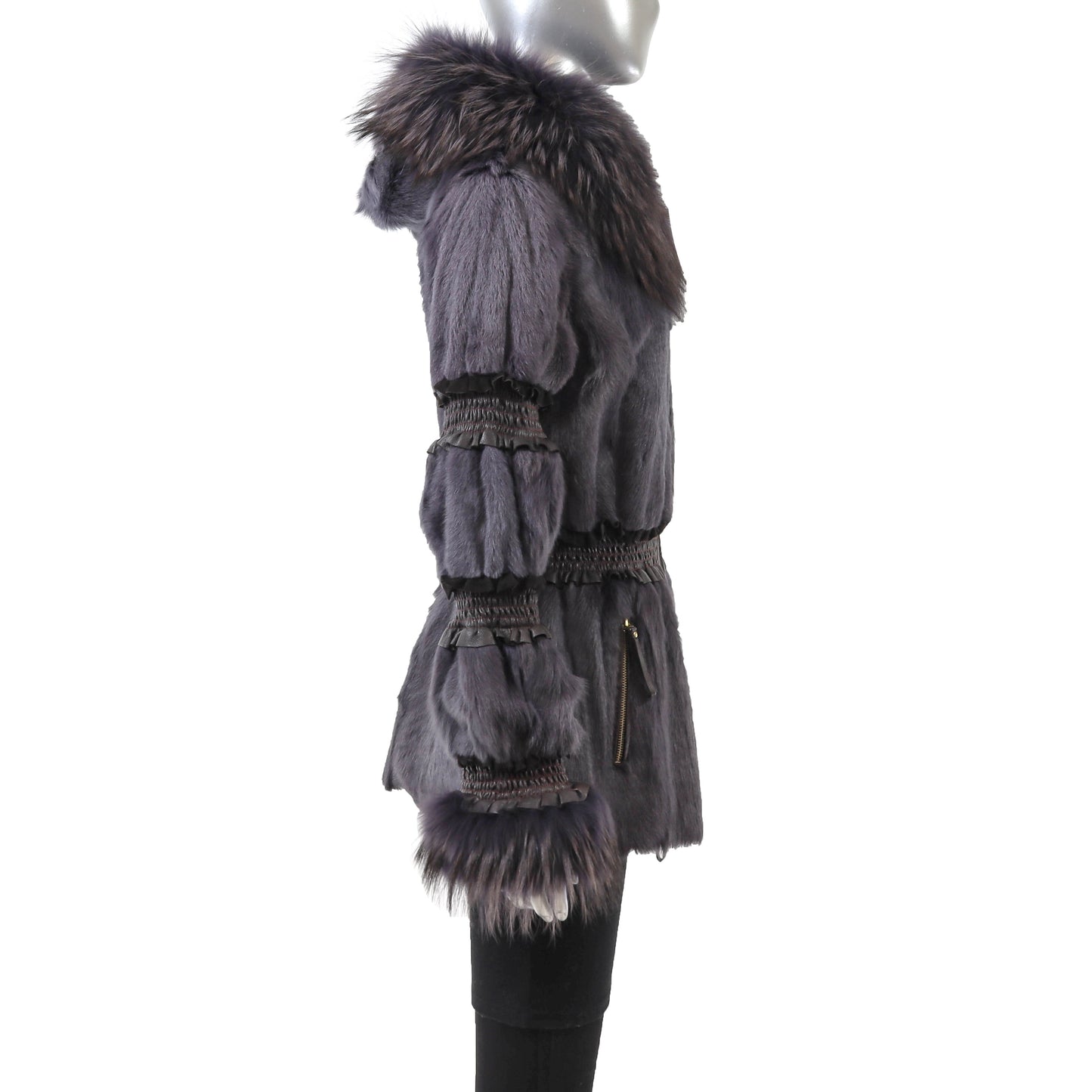 Purple Hooded Lamb Jacket with Fox Trim and Leather- Size S