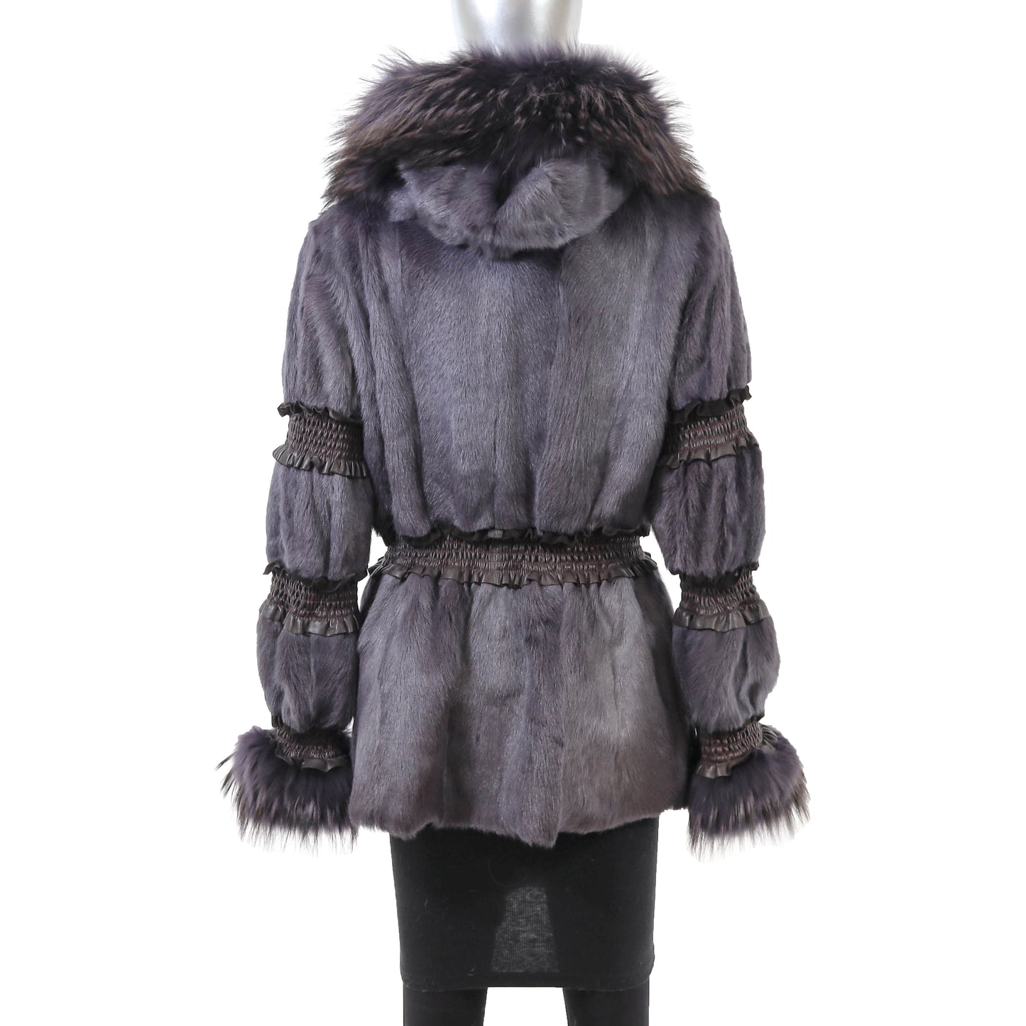 Purple Hooded Lamb Jacket with Fox Trim and Leather- Size S