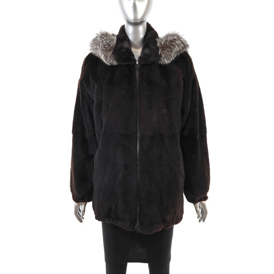 Brown Sheared Mink Jacket with Detachable Hood and Fox Trim- Size S