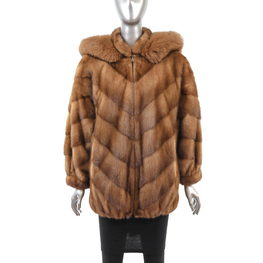 Anne Klein Whiskey Mink Jacket Reversible to Leather with Detachable Hood- Size M