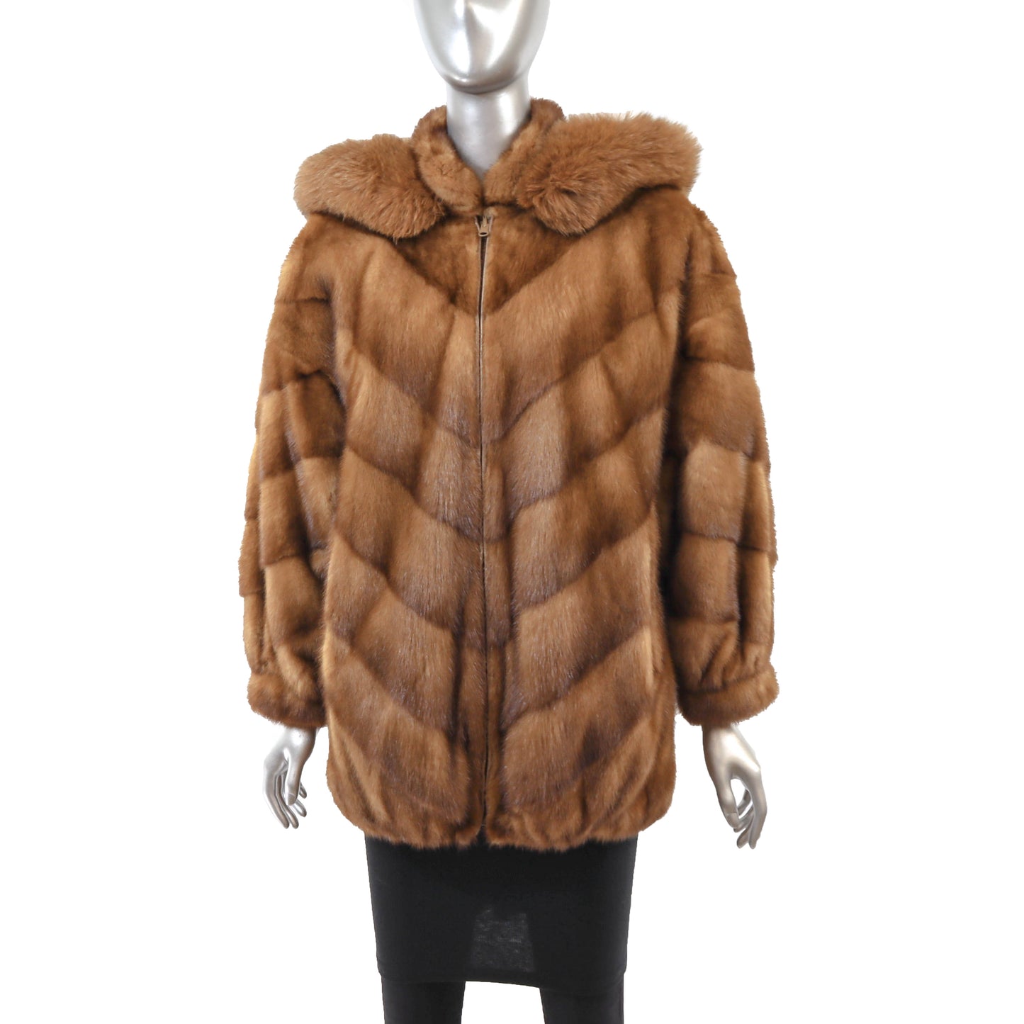 Anne Klein Whiskey Mink Jacket Reversible to Leather with Detachable Hood- Size M