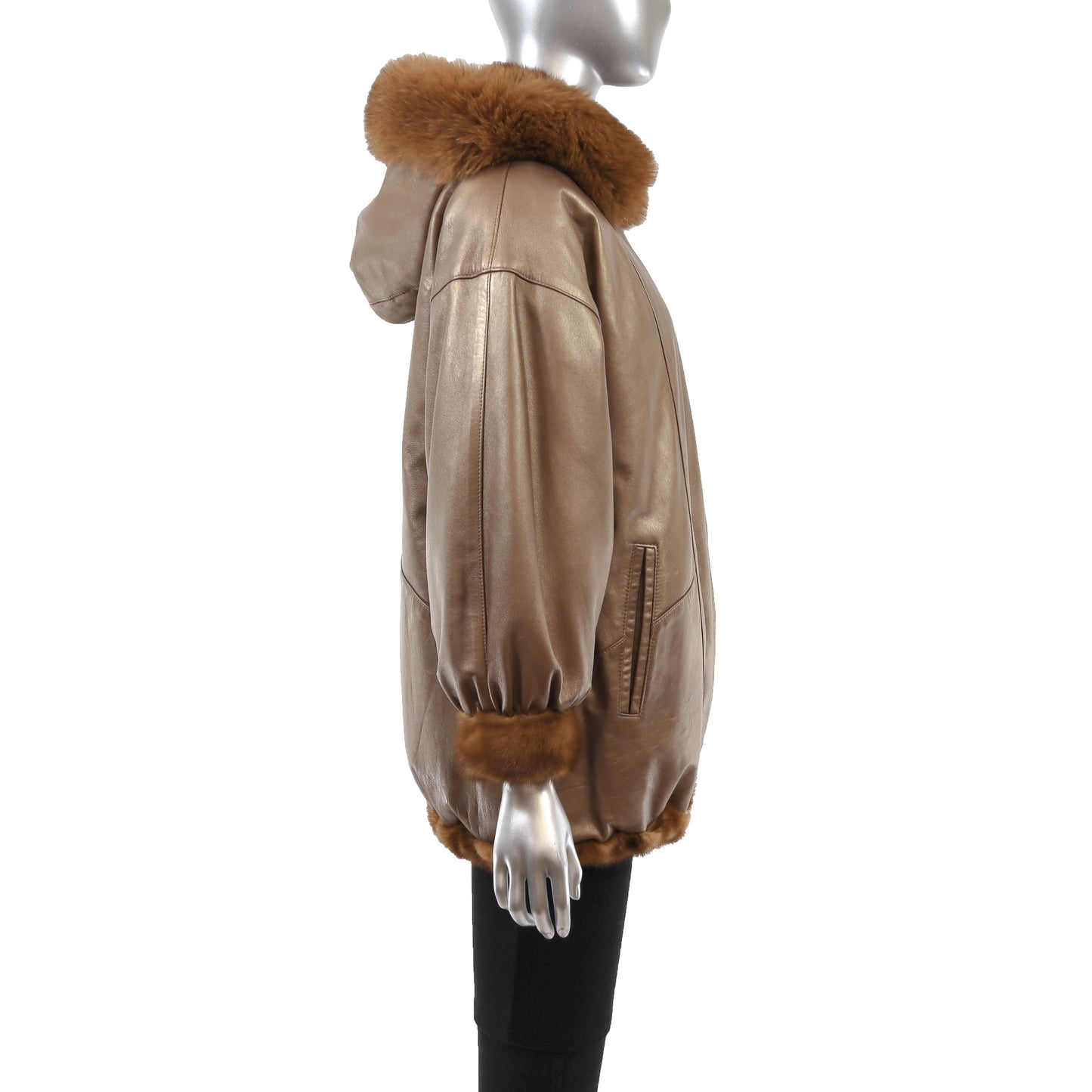 Anne Klein Whiskey Mink Jacket Reversible to Leather with Detachable Hood- Size M