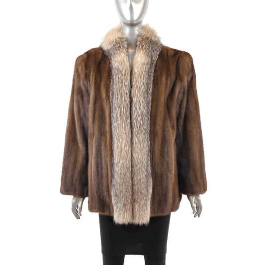Brown Mink Jacket with Fox Tuxedo- Size M