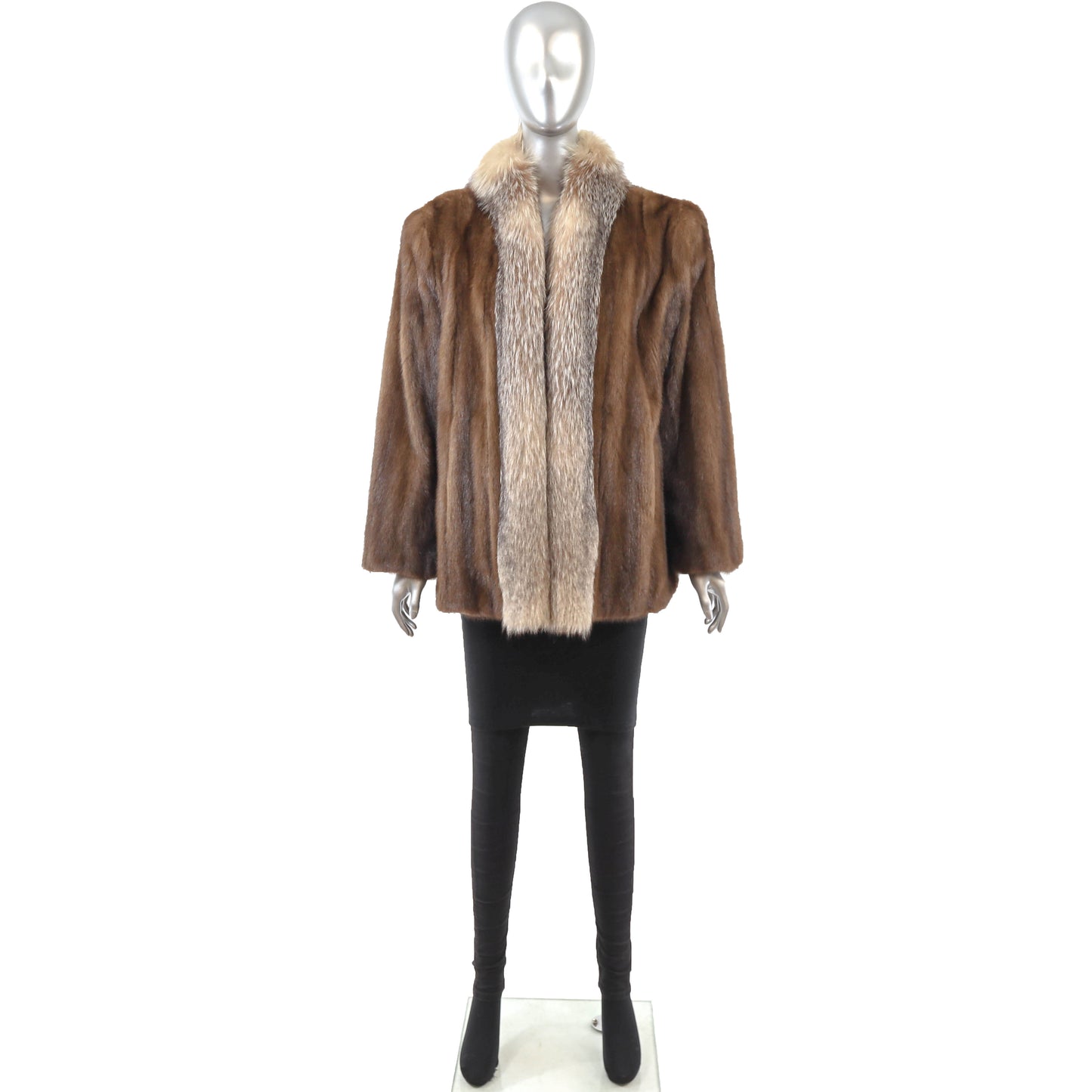 Brown Mink Jacket with Fox Tuxedo- Size M
