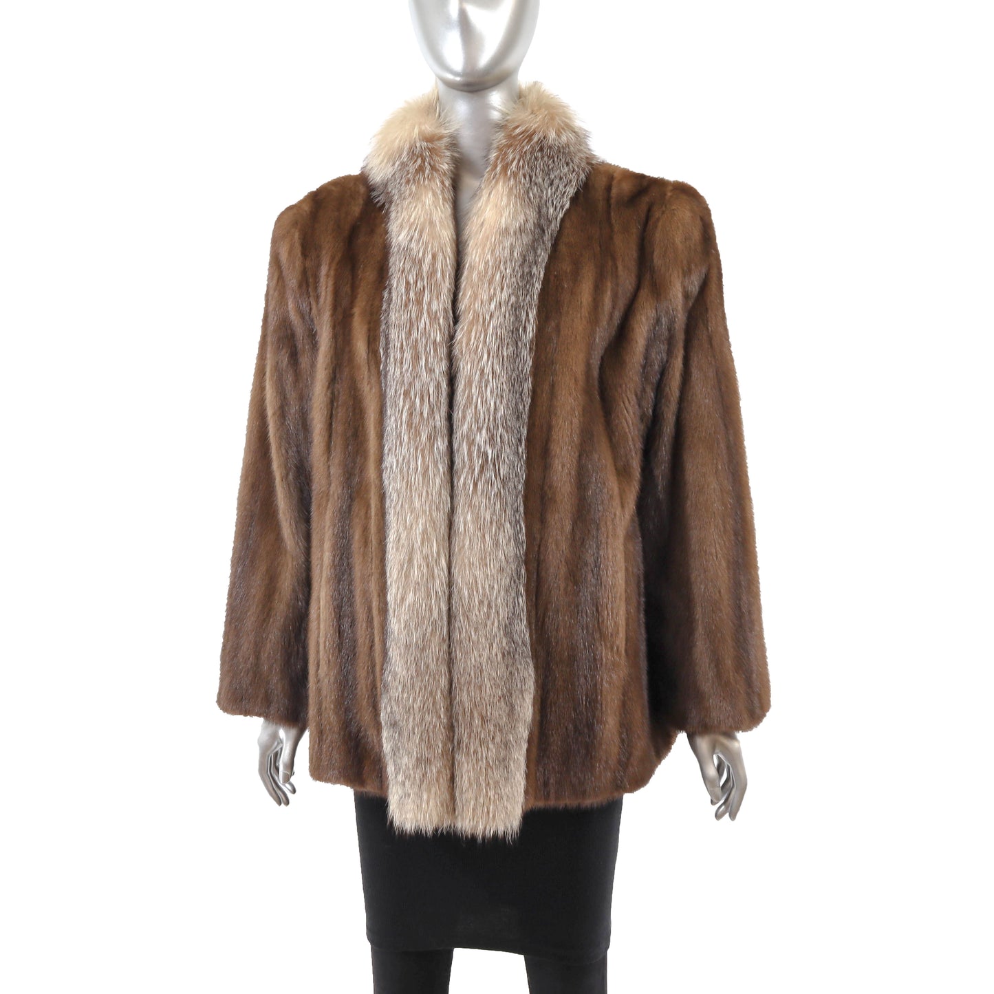 Brown Mink Jacket with Fox Tuxedo- Size M