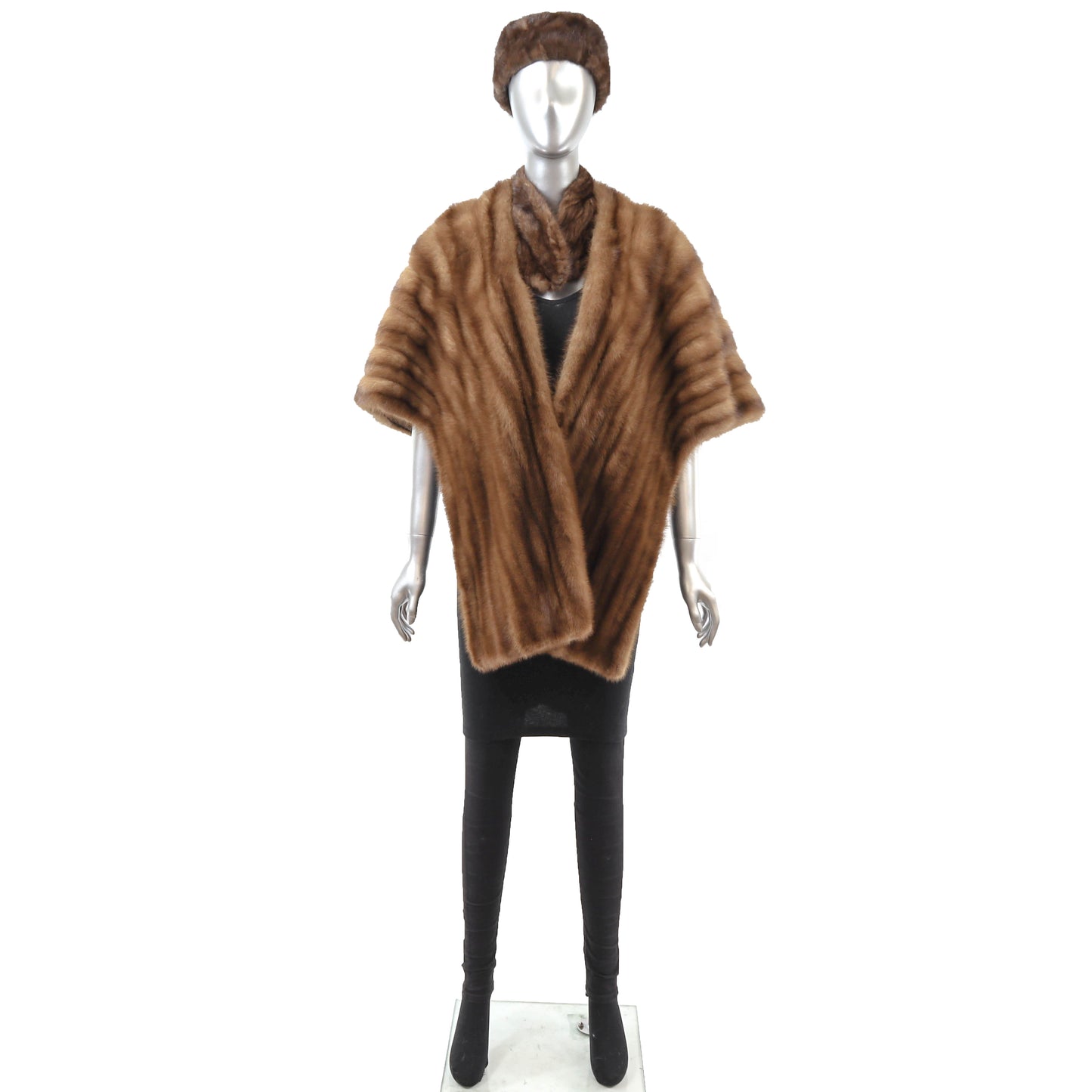 Brown Mink Stole with Matching Hat and Scarf- Size Free