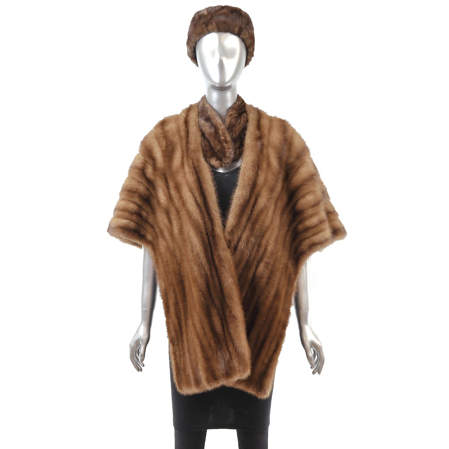 Brown Mink Stole with Matching Hat and Scarf- Size Free