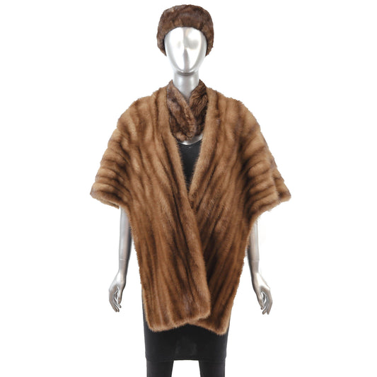 Brown Mink Stole with Matching Hat and Scarf- Size Free