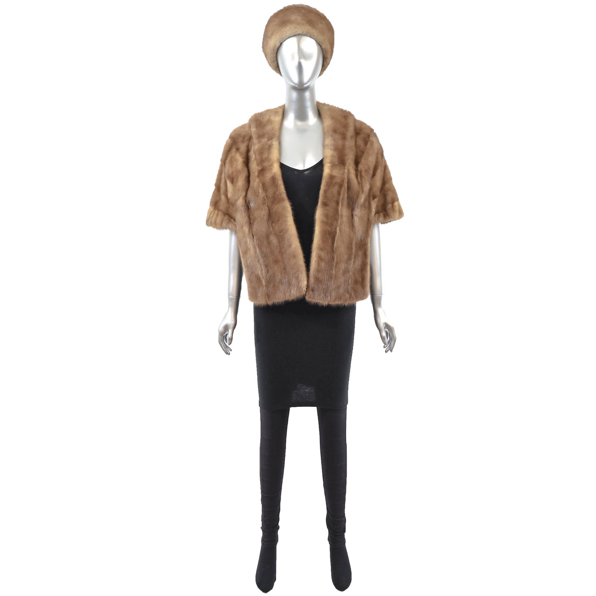 Brown Mink Stole with Matching Hat- Size Free