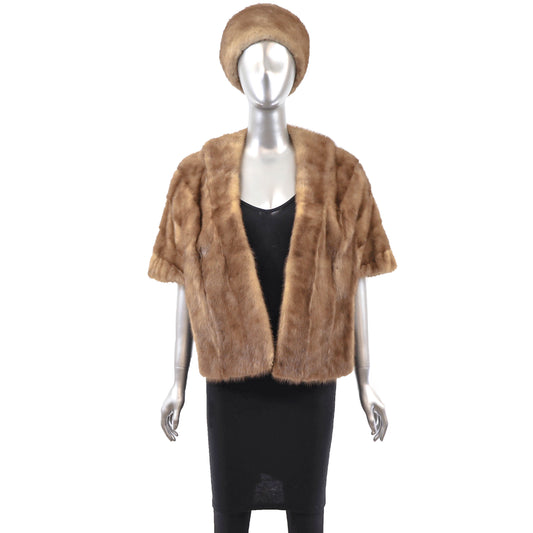 Brown Mink Stole with Matching Hat- Size Free