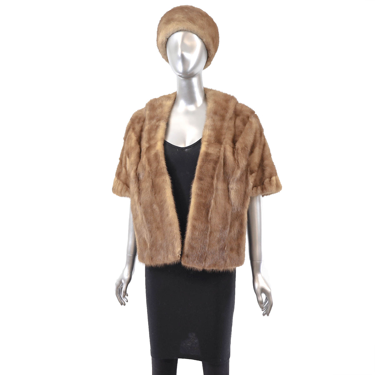 Brown Mink Stole with Matching Hat- Size Free
