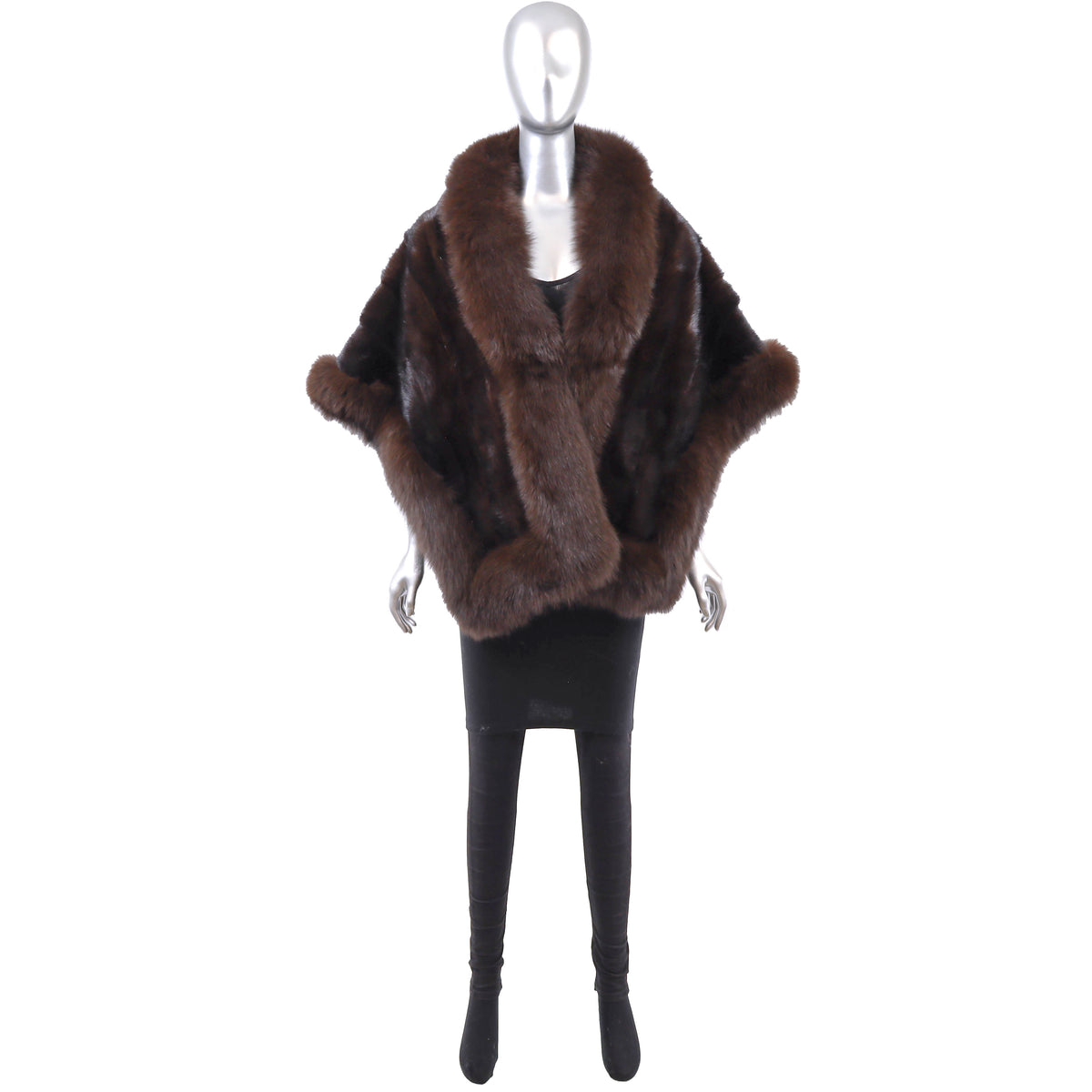Brown Mink Stole with Fox Trim- Size Free