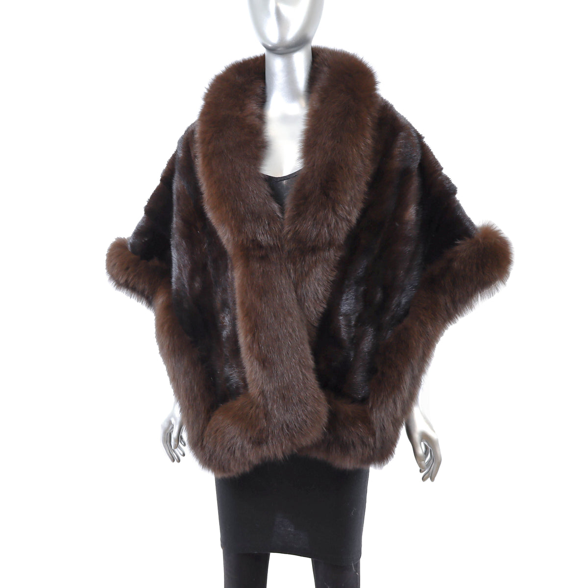 Brown Mink Stole with Fox Trim- Size Free