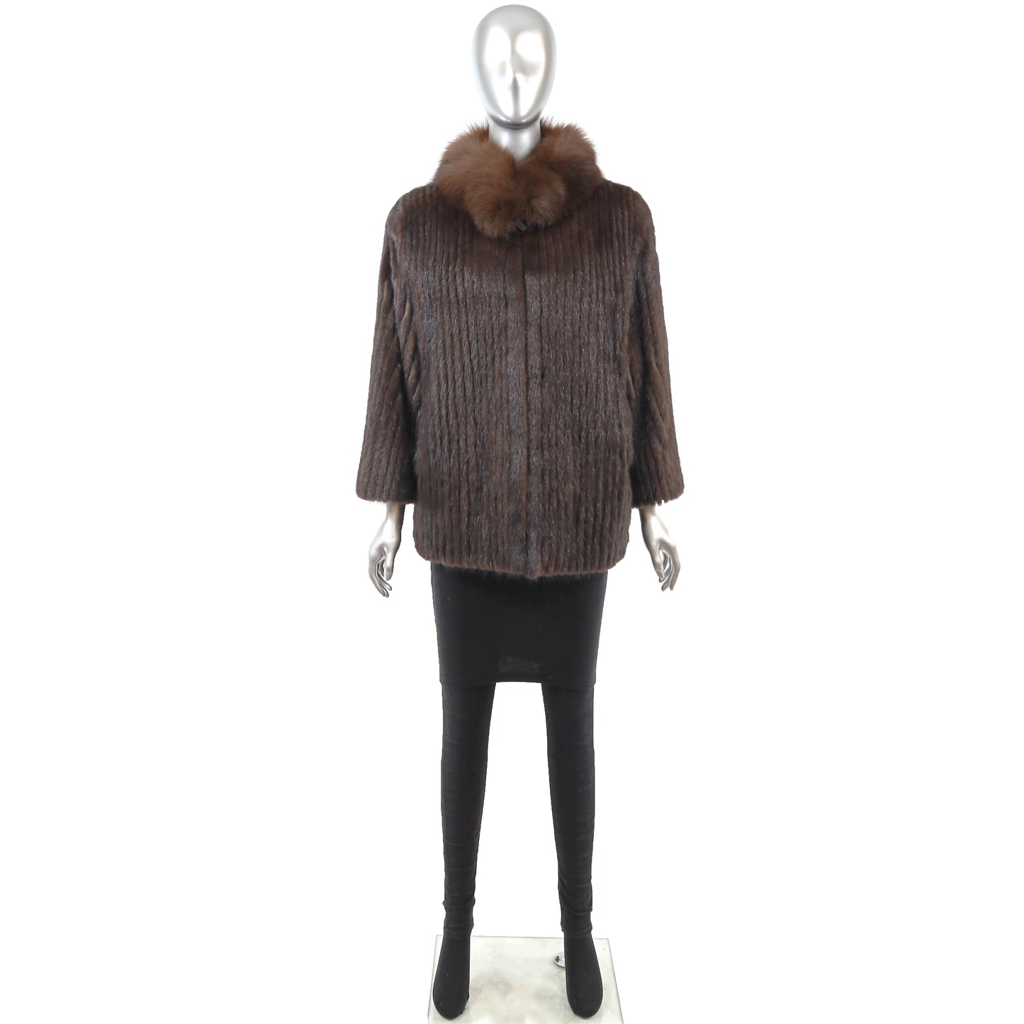 Brown Corded Mink Jacket with Fox Collar- Size M