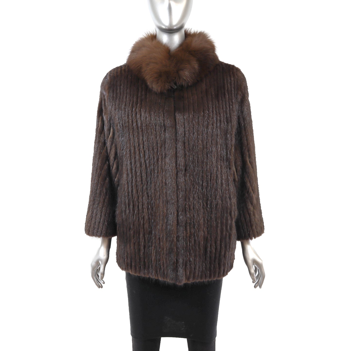 Brown Corded Mink Jacket with Fox Collar- Size M