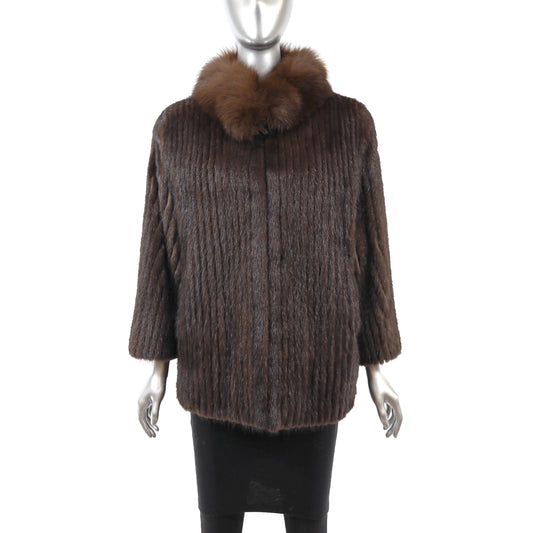 Brown Corded Mink Jacket with Fox Collar- Size M
