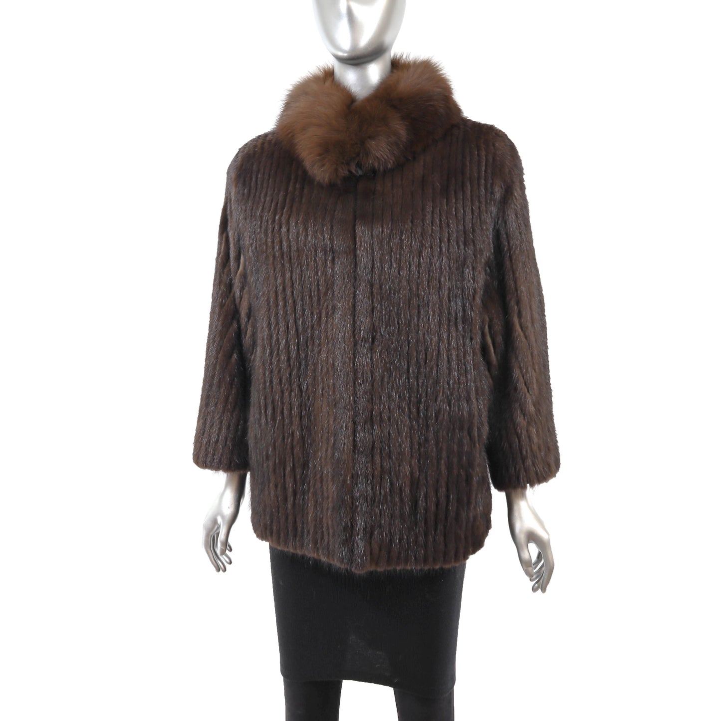Brown Corded Mink Jacket with Fox Collar- Size M