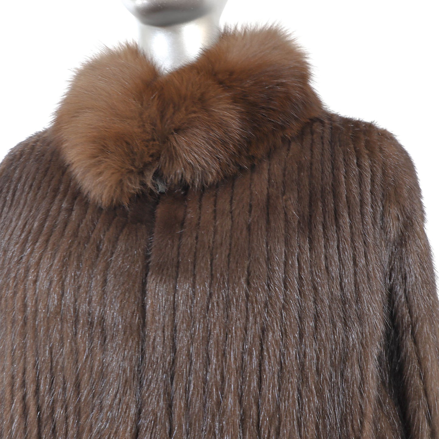 Brown Corded Mink Jacket with Fox Collar- Size M