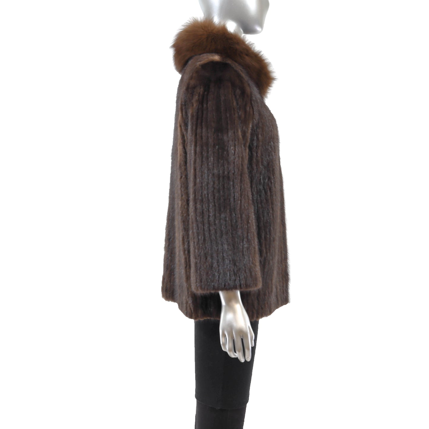 Brown Corded Mink Jacket with Fox Collar- Size M