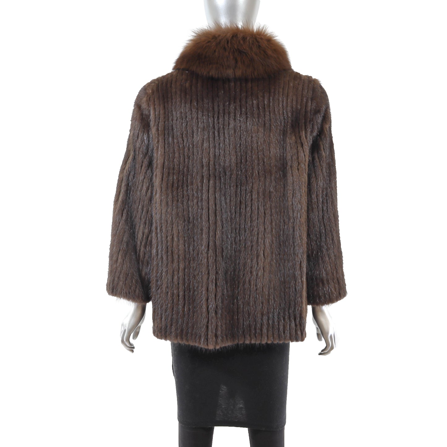 Brown Corded Mink Jacket with Fox Collar- Size M