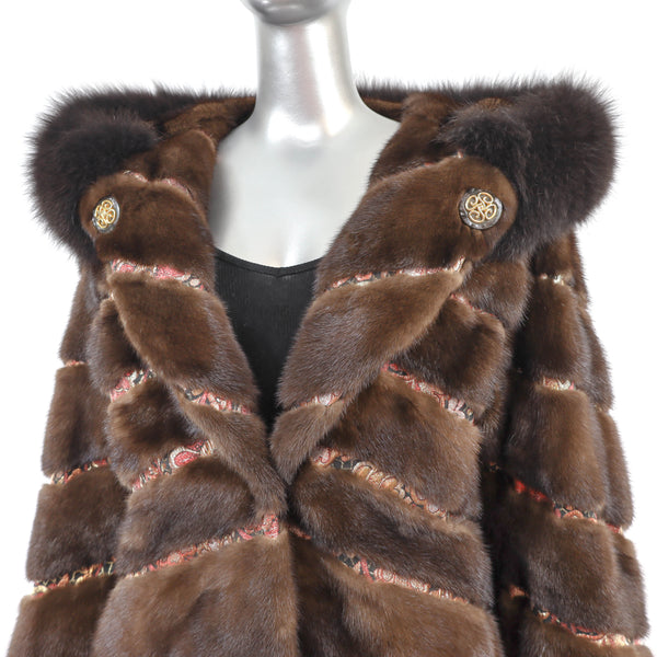 Hooded Mahogany Mink Coat with Fox Trim- Size XL