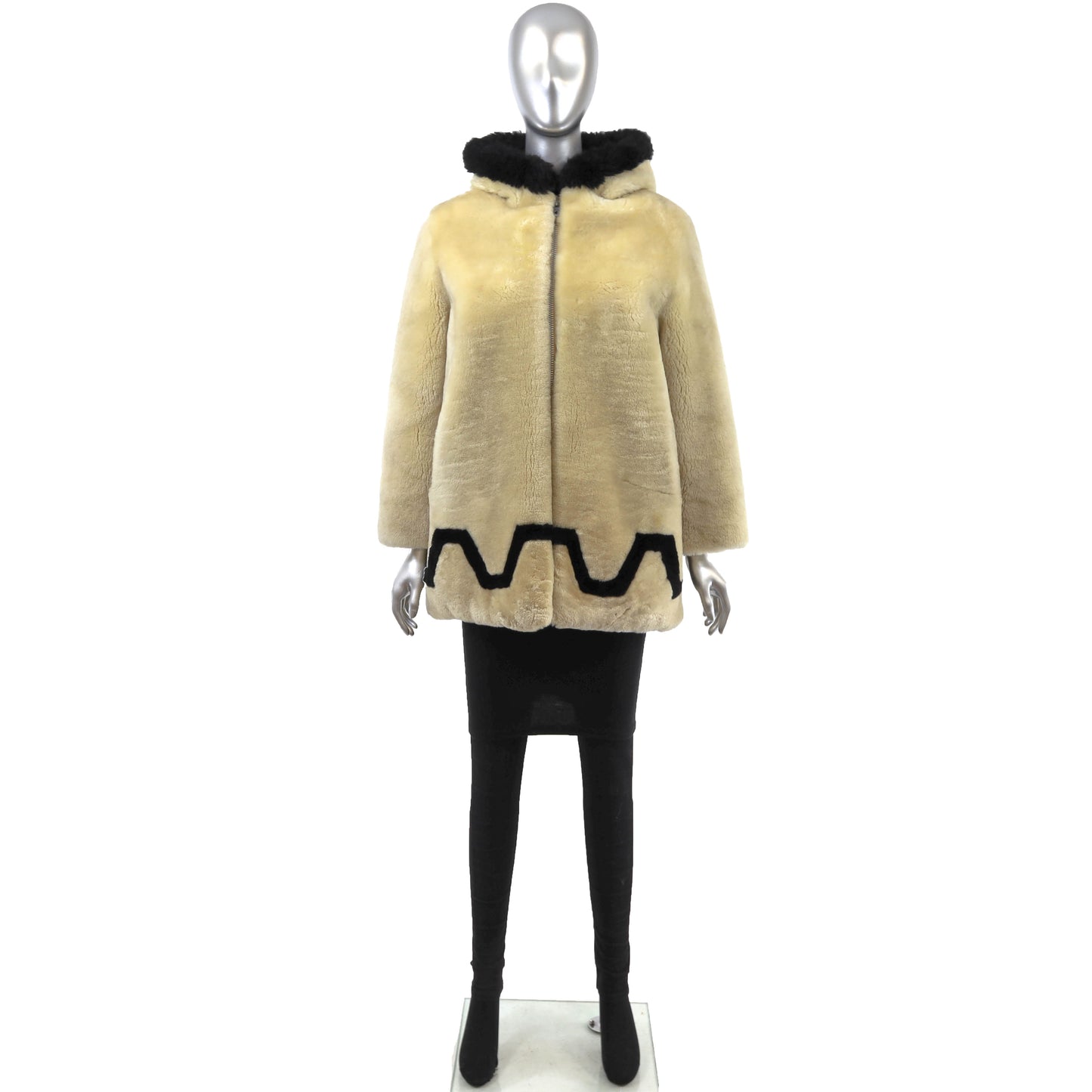 Beige Hooded Mouton Jacket- Size M
