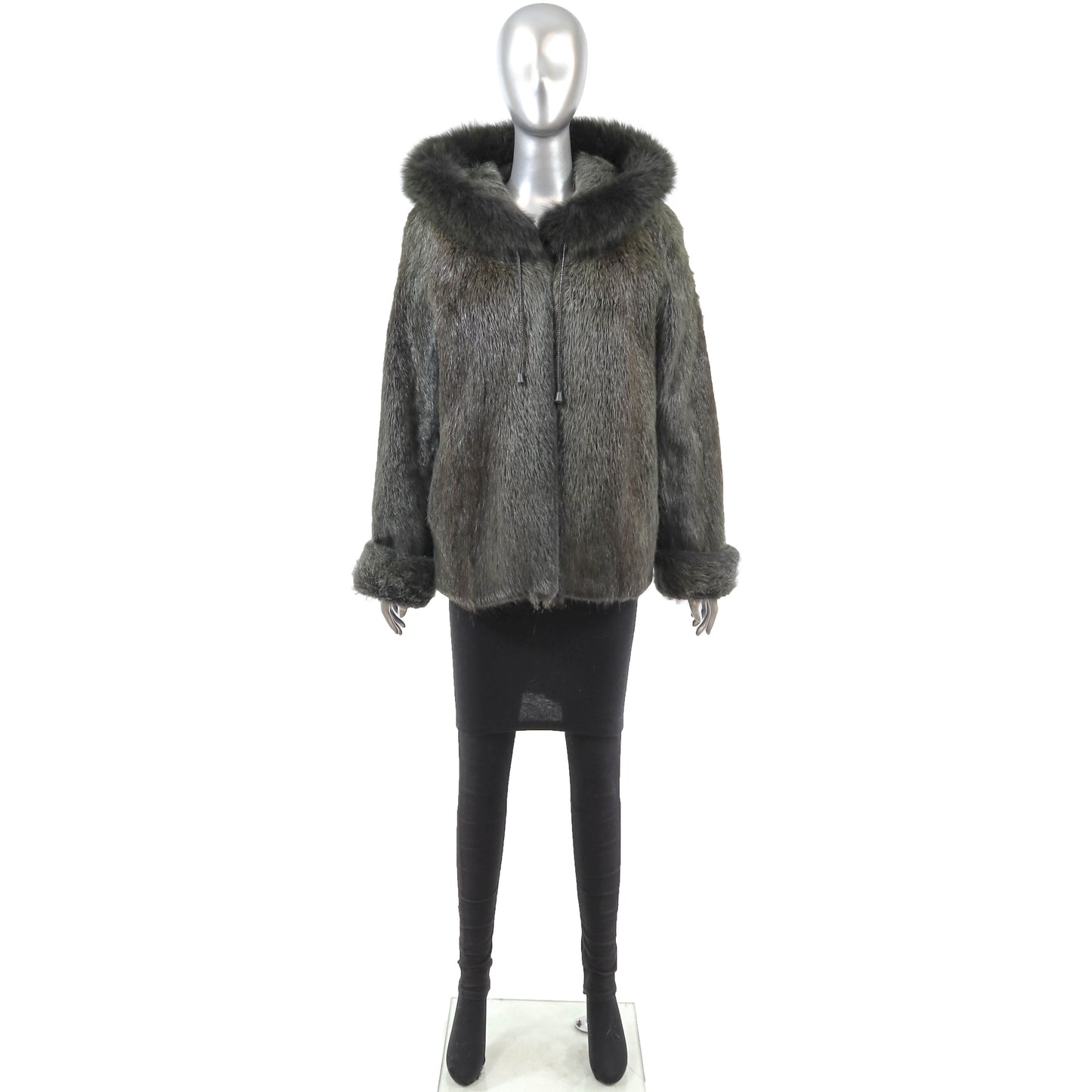 Green Hooded Nutria Jacket with Fox Trim- Size M